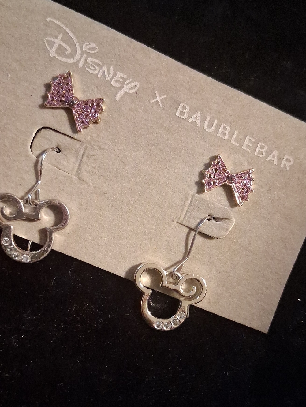 BaubleBar Kids Pink Bow with Silver Mickey Drop Earrings